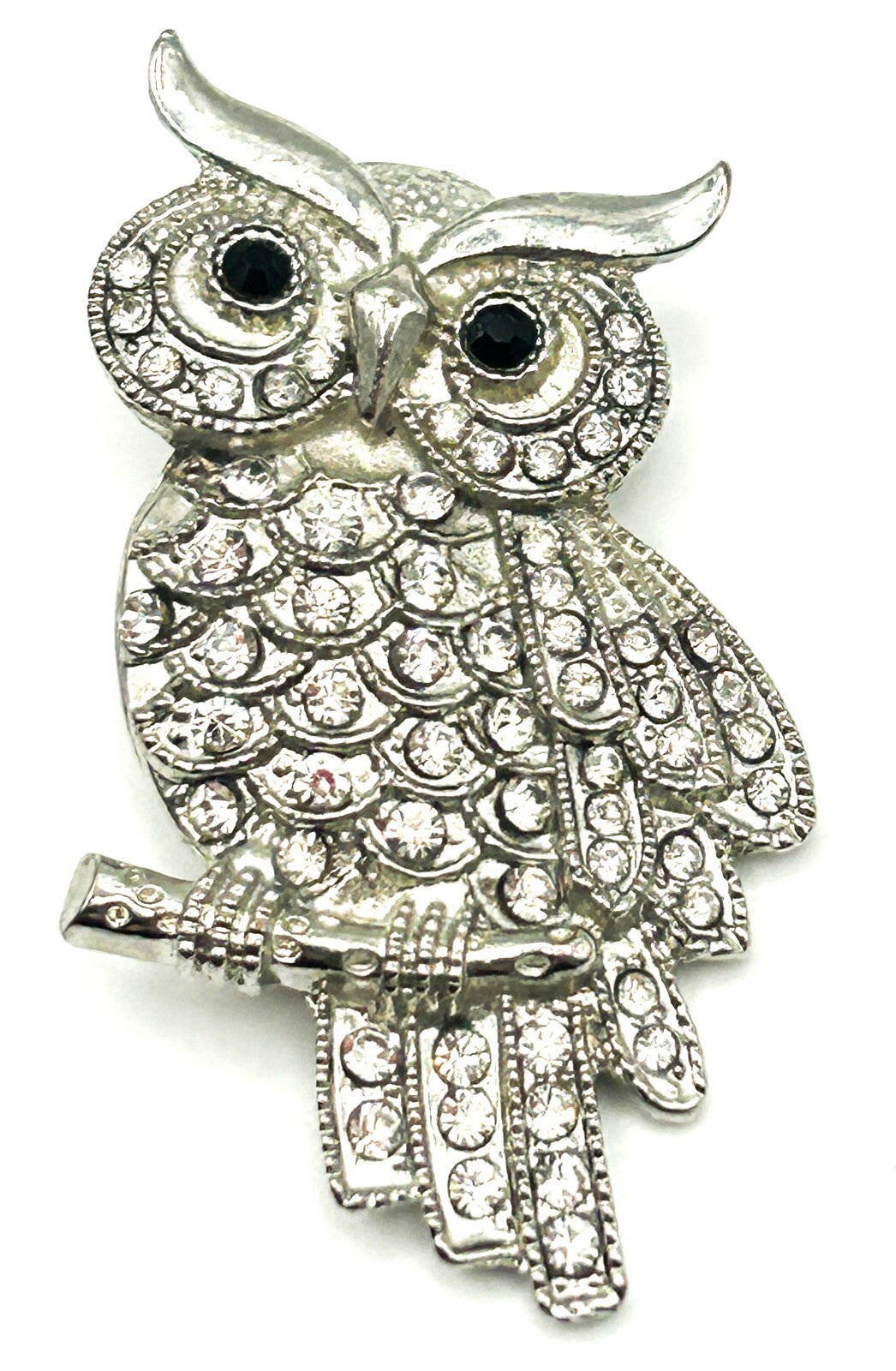 Vintage Rhinestone Owl Brooch Silver Tone Bird Pin Pavé Crystal Animal Jewellery