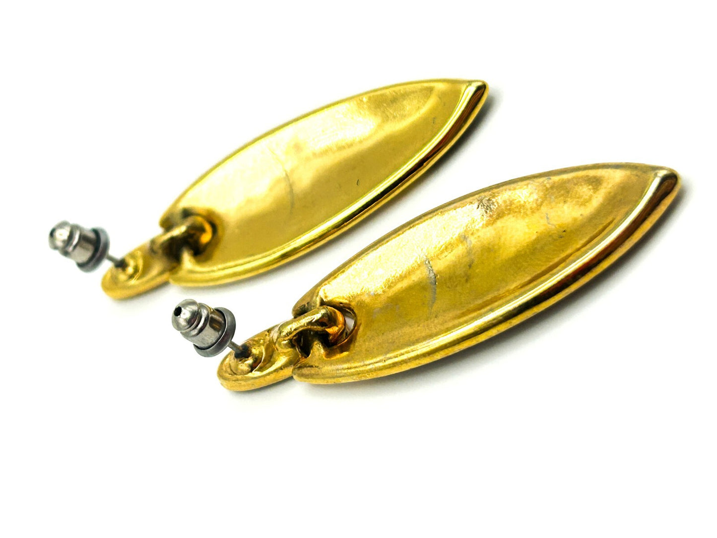 Vintage 1980s Gold Tone Black & White Enamel Marquise Articulated Drop Earrings