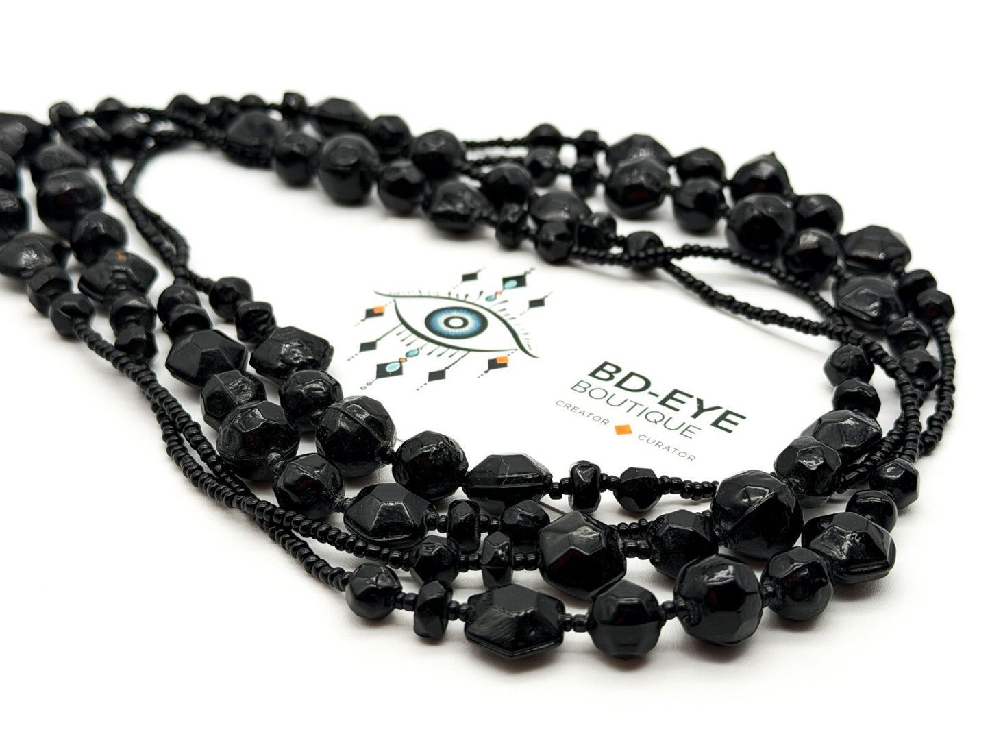 Vintage Black Glass Bead Long Necklace 30” Continuous Statement Strand