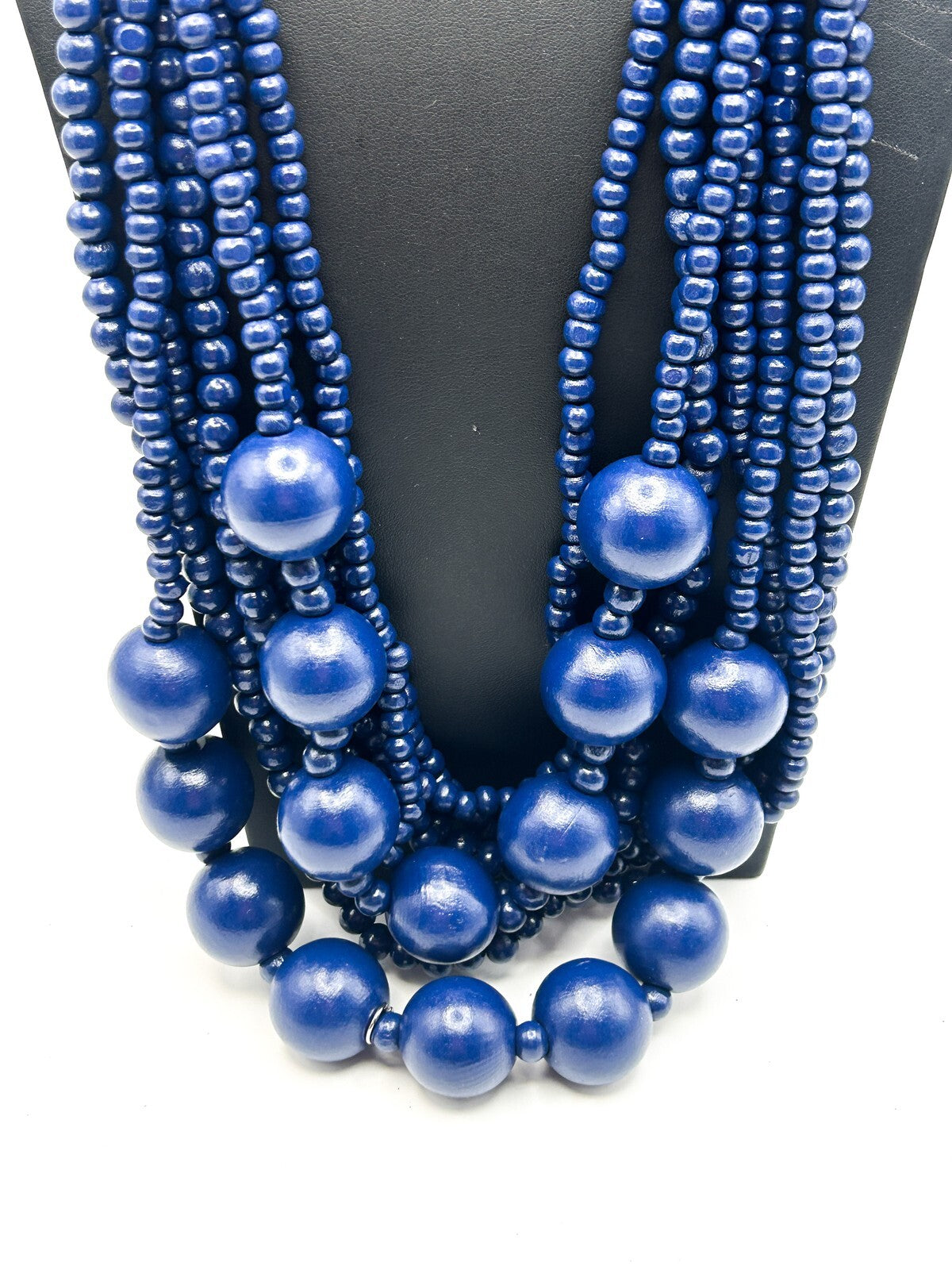7-Strand Navy Blue Wood Beaded Bib Necklace – 16”
