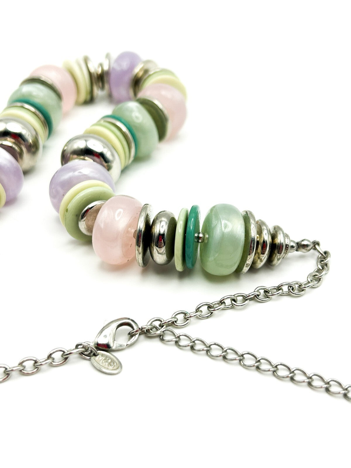 Vintage 90s-Y2K M&S Pastel Disc Bead Necklace with Silver Tone Spacers