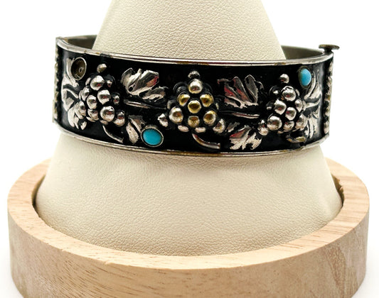 Vintage Silver Plated Grapevine Cuff Bracelet Black Japanned Bacchus Bangle