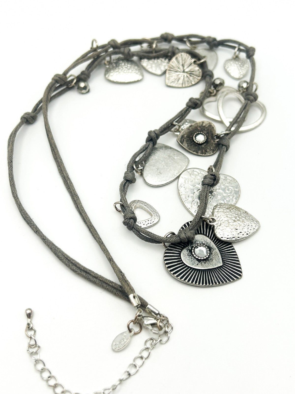 Laura Ashley Silver Tone Heart Charm Necklace on Grey Cord Love Hearts Long