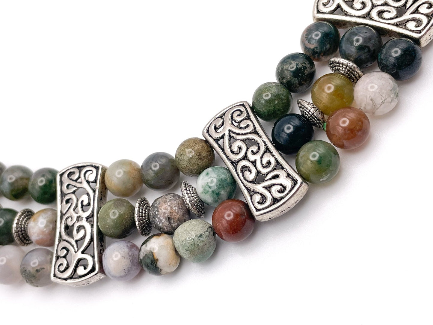 Agate and Silver Tone Statement Necklace - Gemstone, multicolour, 19 in, Boho