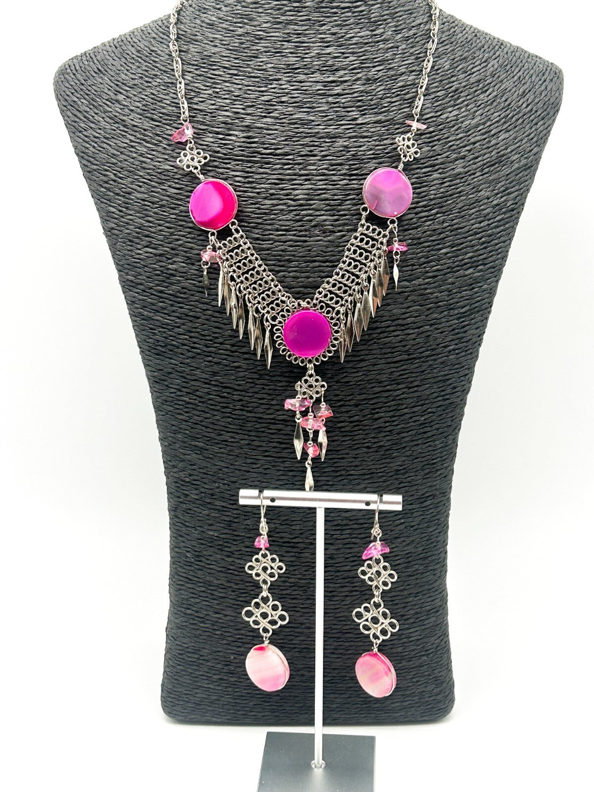 Peruvian Alpaca Necklace Earrings Set Pink Agate Chainmail Fringe Boho Statement
