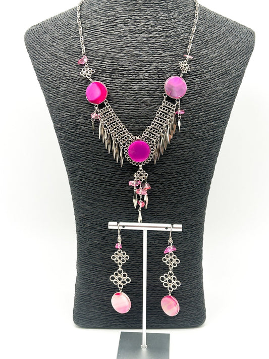 Peruvian Alpaca Necklace Earrings Set Pink Agate Chainmail Fringe Boho Statement