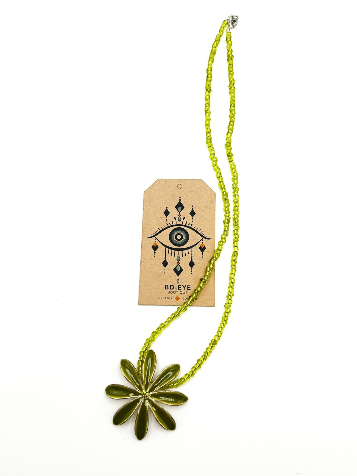 Lime Green Glass Beaded Necklace with Enamel Flower Pendant