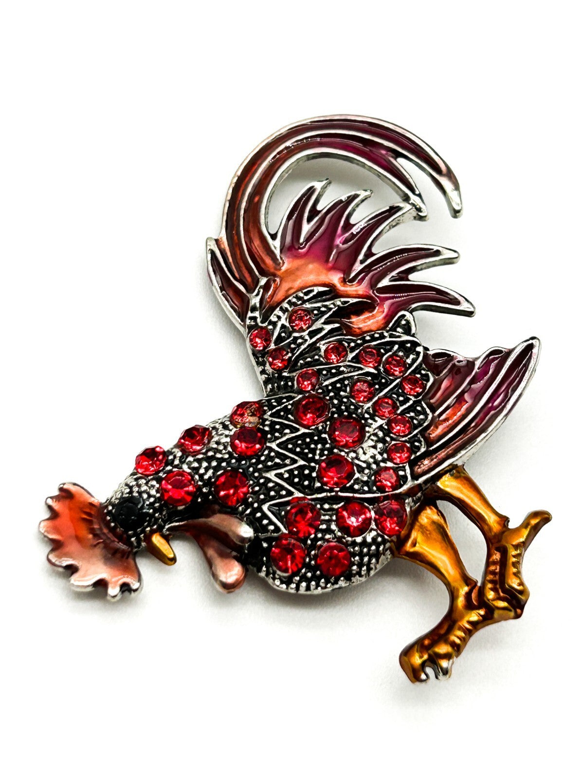 Vintage Rooster Brooch Pair Enamel Rhinestone Cockerel Farmyard Bird Pins