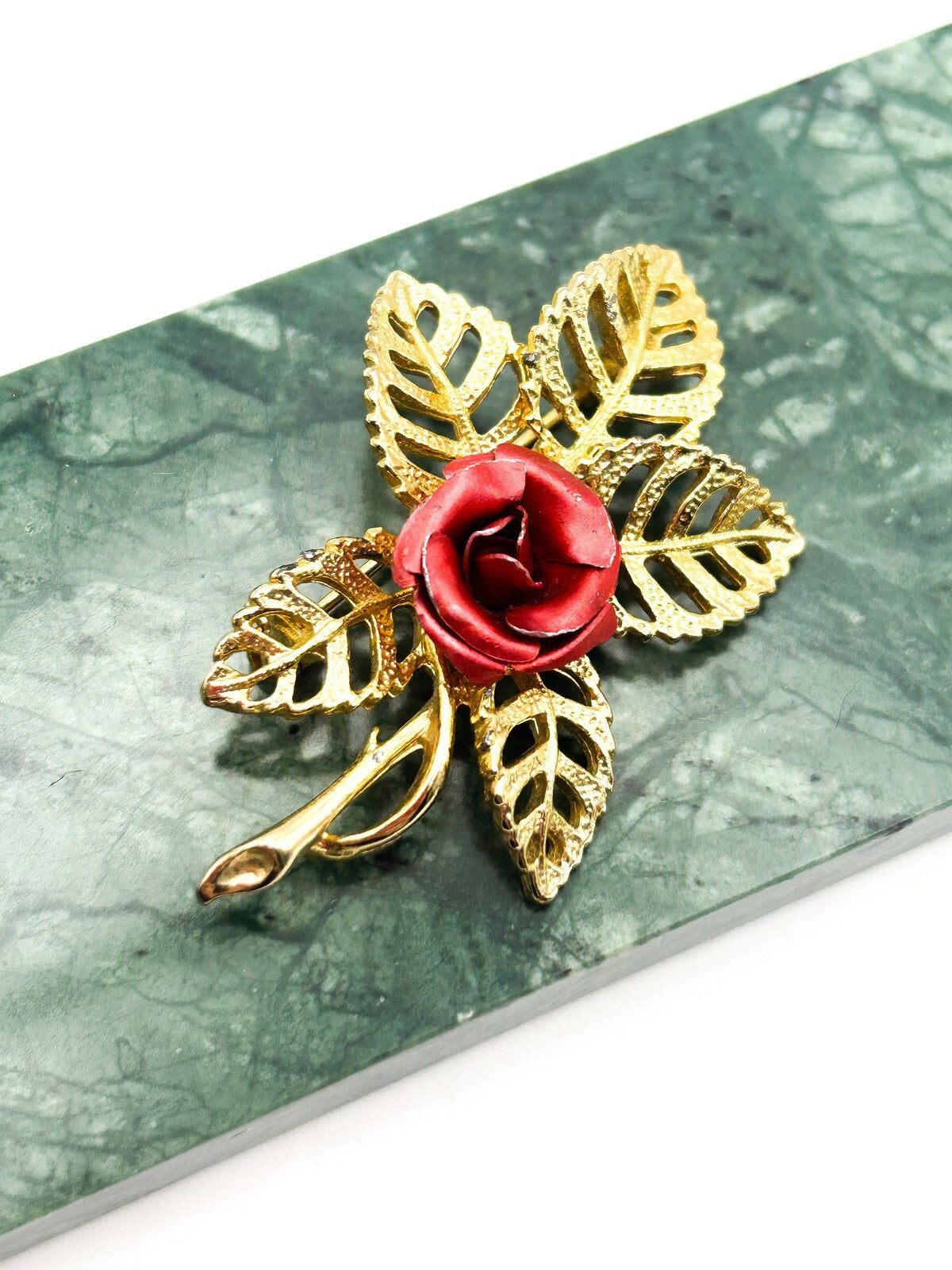 Gold Tone Red Enamel Rose Brooch with Openwork Leaf Design
