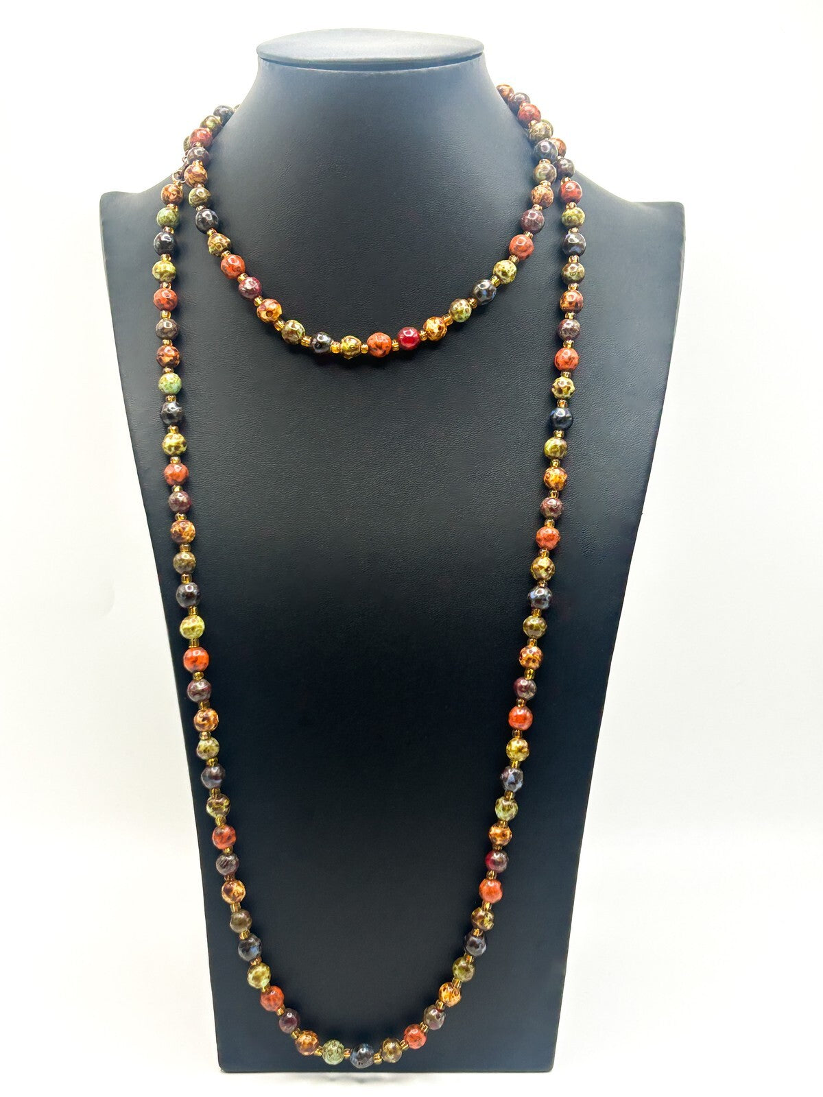 Vintage Mottled Glass Bead Necklace – Green, Orange, Brown & Mustard