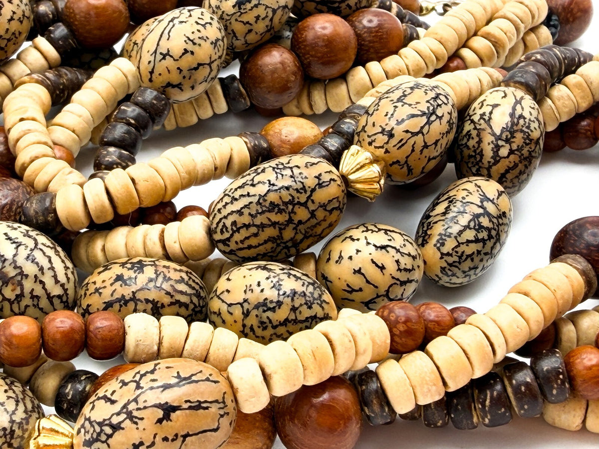 Four Strand Twisted Wood & Coconut Shell Disc Necklace with Gold Tone Boho