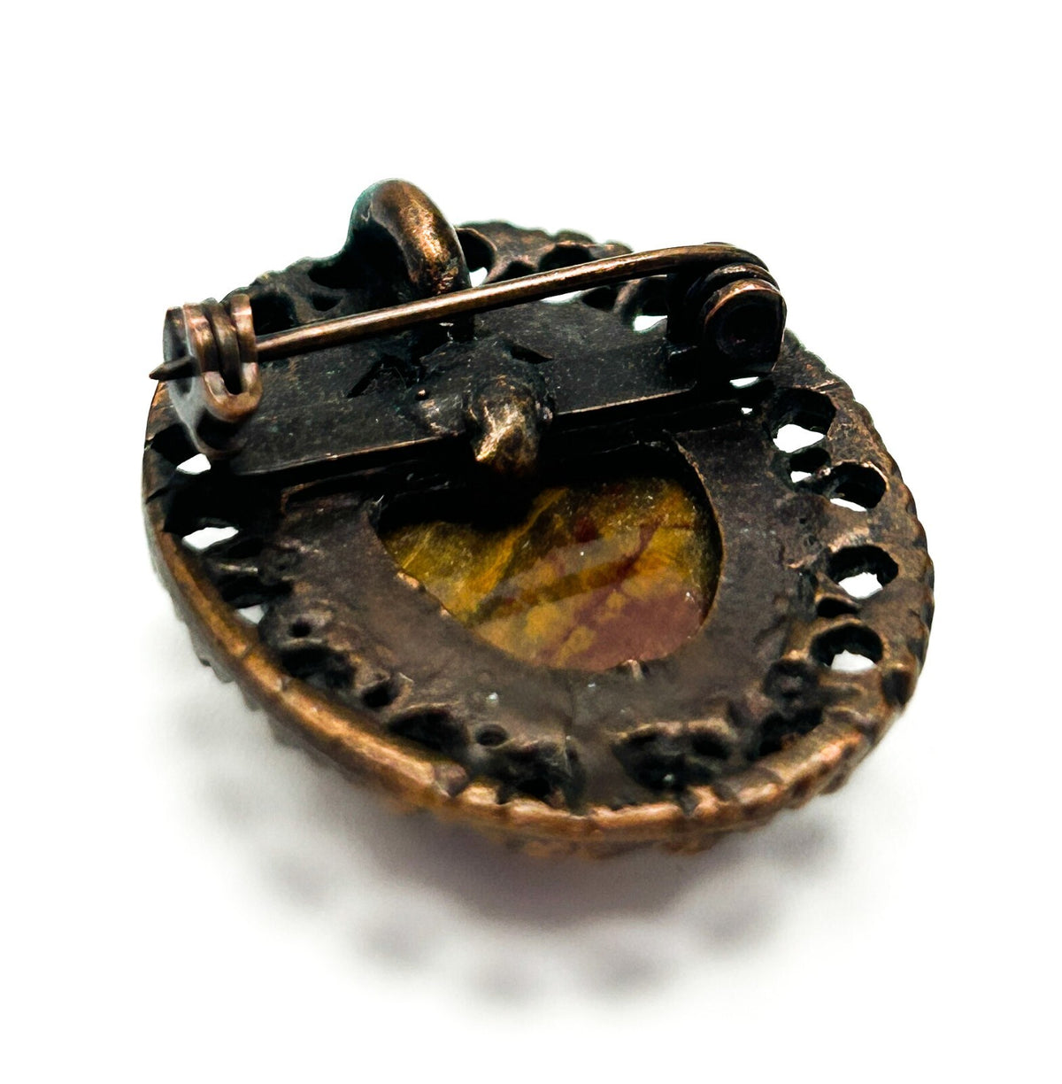 Vintage Picture Jasper Brooch Pendant Copper Tone Oval Cabochon Pin