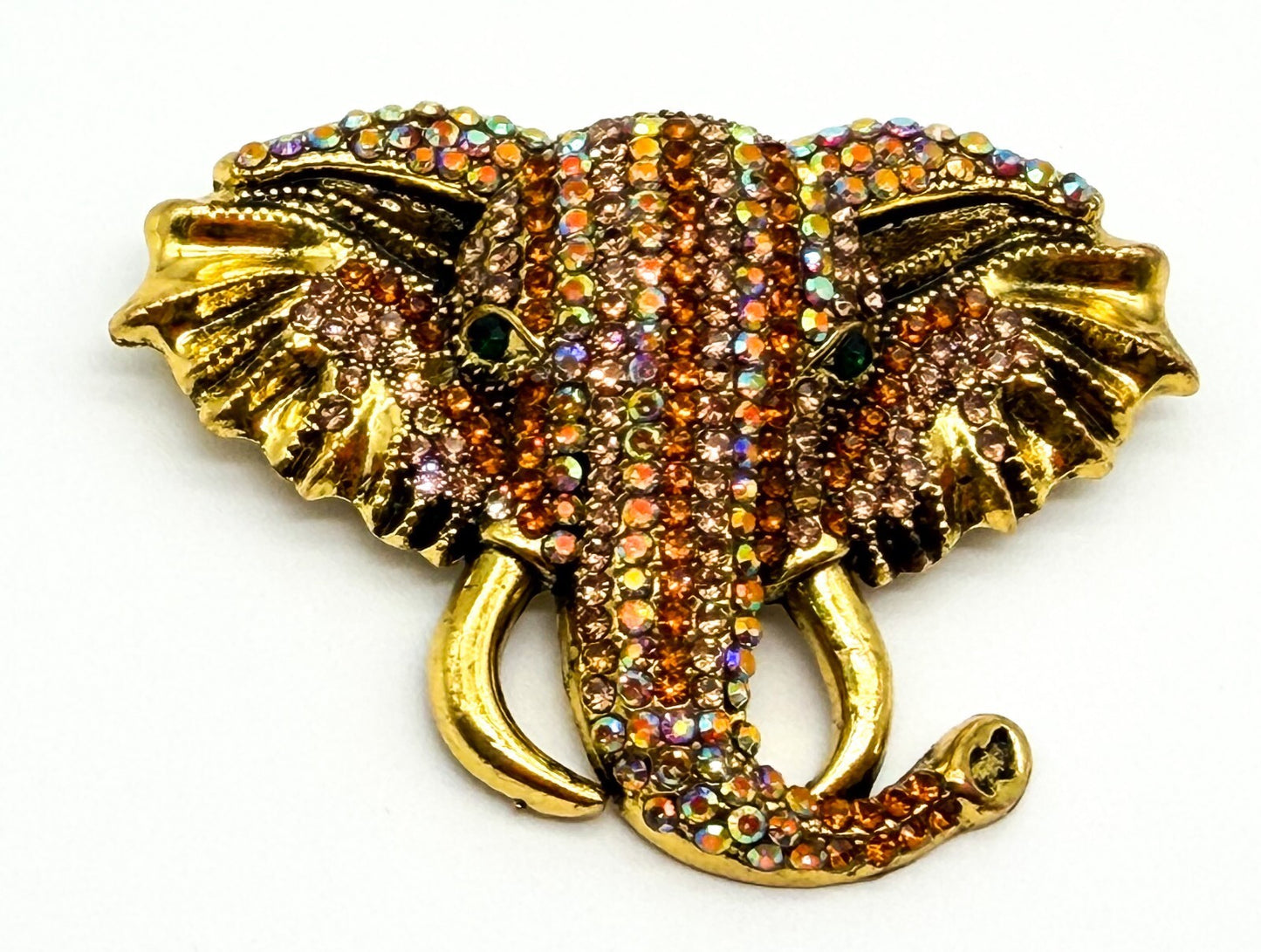 Vintage Elephant Head Brooch Gold Tone AB Orange Peach Rhinestones Green Eye