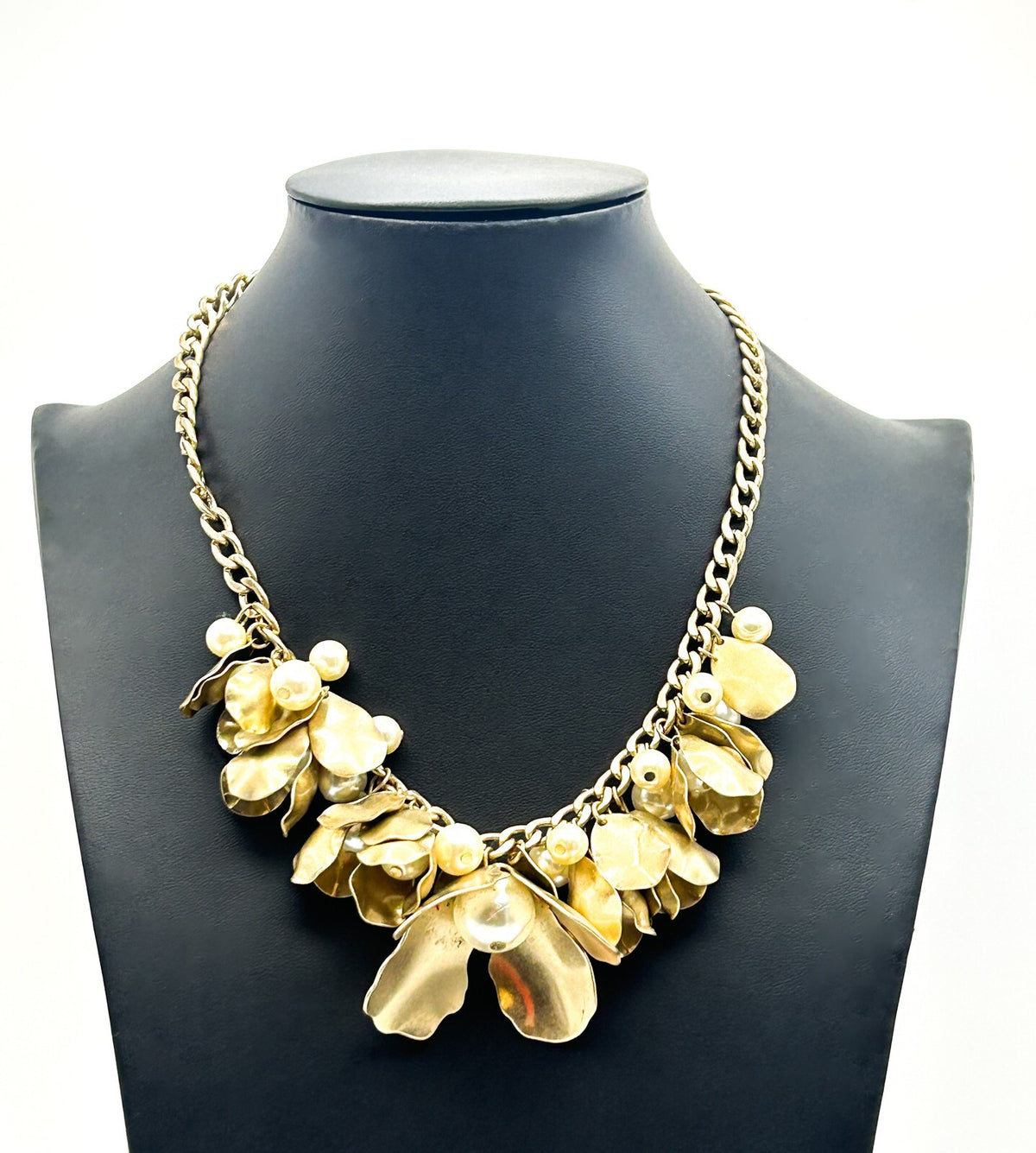 Vintage Per Una Gold Tone Floral Statement Necklace – Faux Pearl Detail, 17”