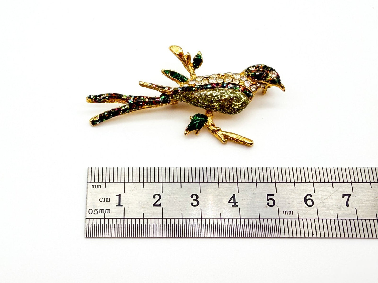 Vintage Gold Tone Bird Brooch Green Glitter Resin Rhinestone Branch Pin