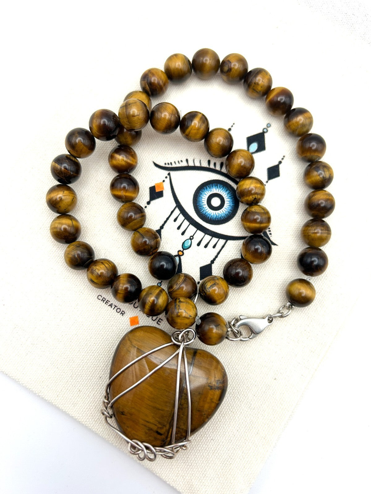 Tiger Eye Beaded Necklace Heart Pendant 925 Silver Clasp Wire Wrapped 17.5”
