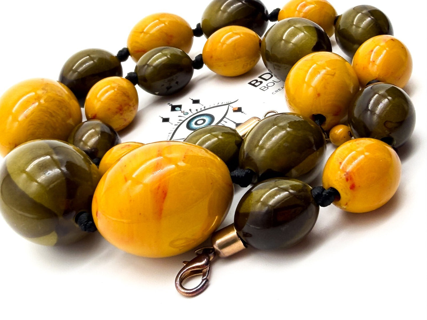 Chunky Statement Necklace Olive Green Mustard Acrylic Beads Graduated 25”