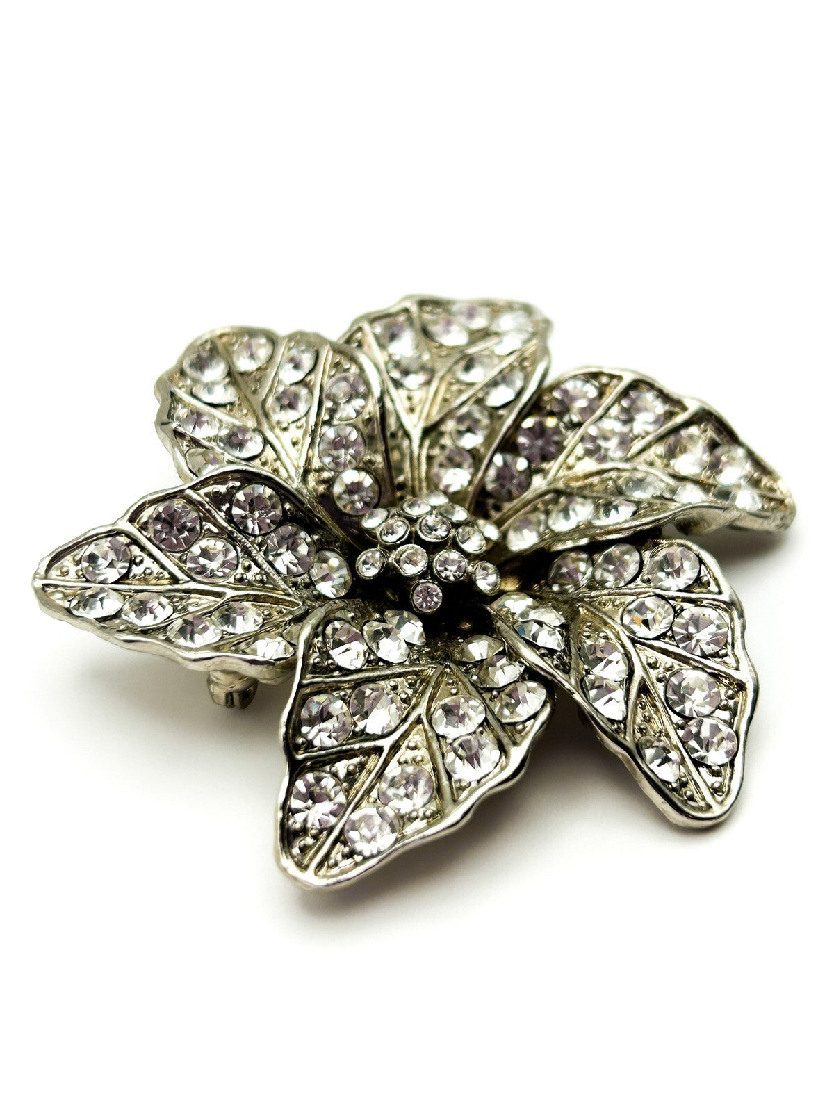 Vintage Brooch Silver Tone Rhinestone Diamanté Flower Statement Brooch 80s