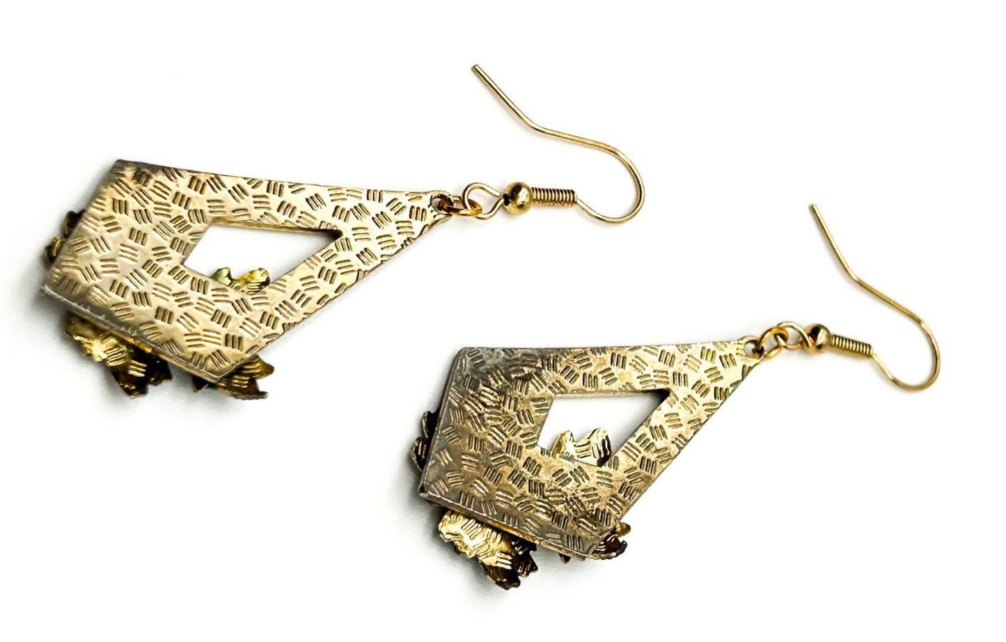 Vintage Cloisonné Floral Geometric Drop Earrings Rhinestone Detail Black Green