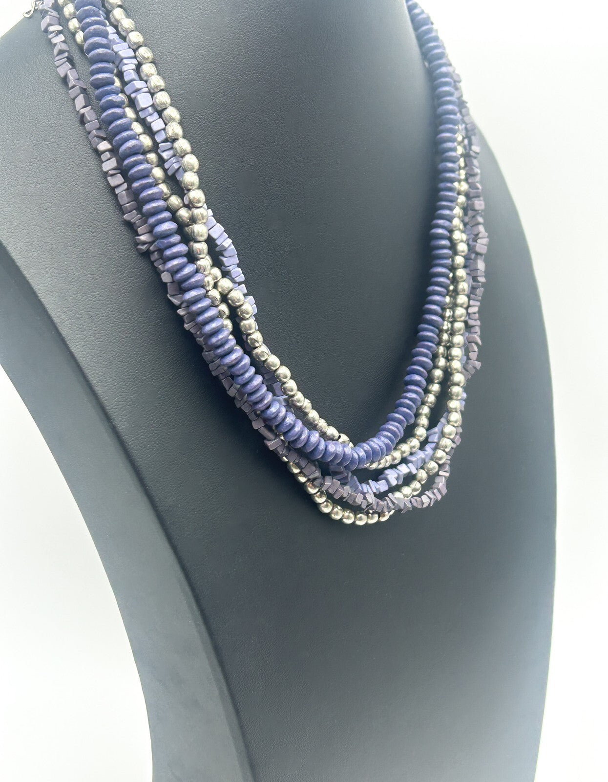 Vintage Multi-Strand Blue & Silver Glass Bead Torsade Necklace