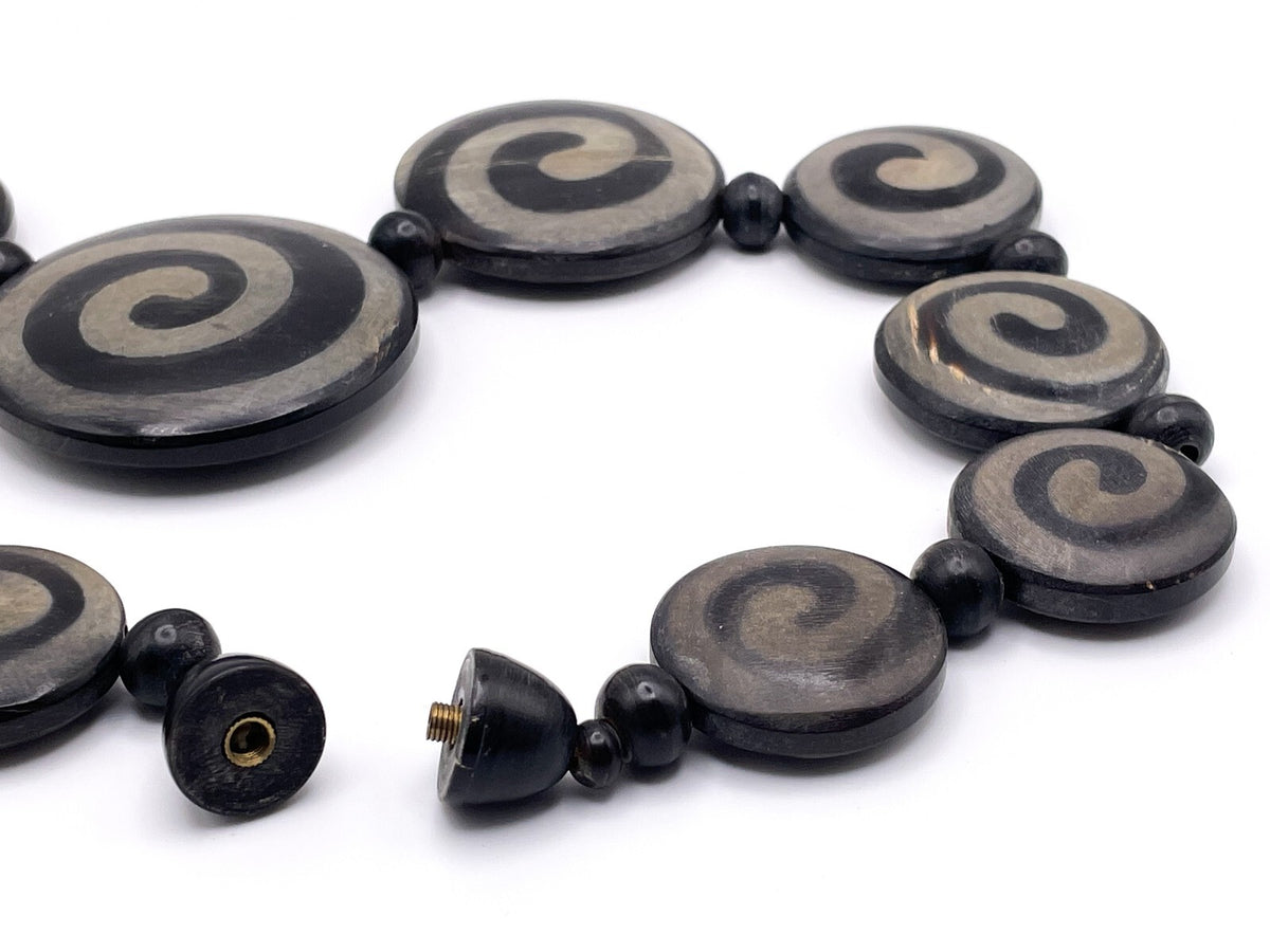 Swirled Black Wooden Disc Necklace - Boho Bohemian Circular Wood Chunky