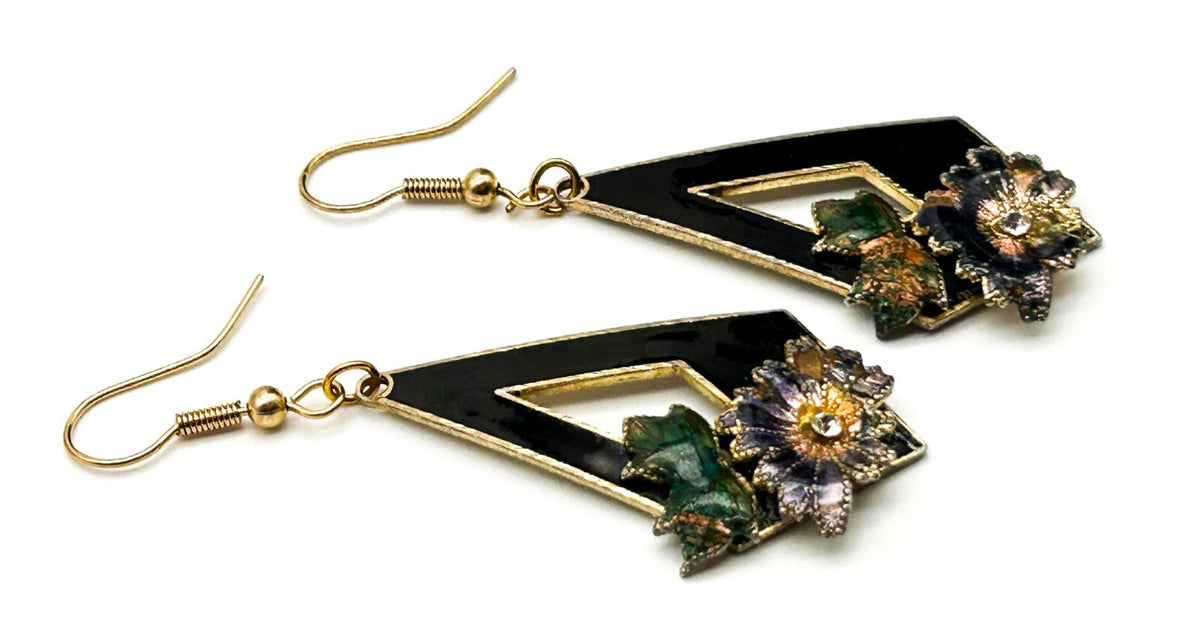 Vintage Cloisonné Floral Geometric Drop Earrings Rhinestone Detail Black Green