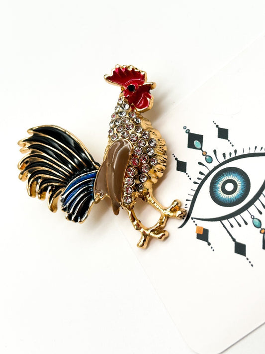 Vintage Rooster Brooch Pair Enamel Rhinestone Cockerel Farmyard Bird Pins