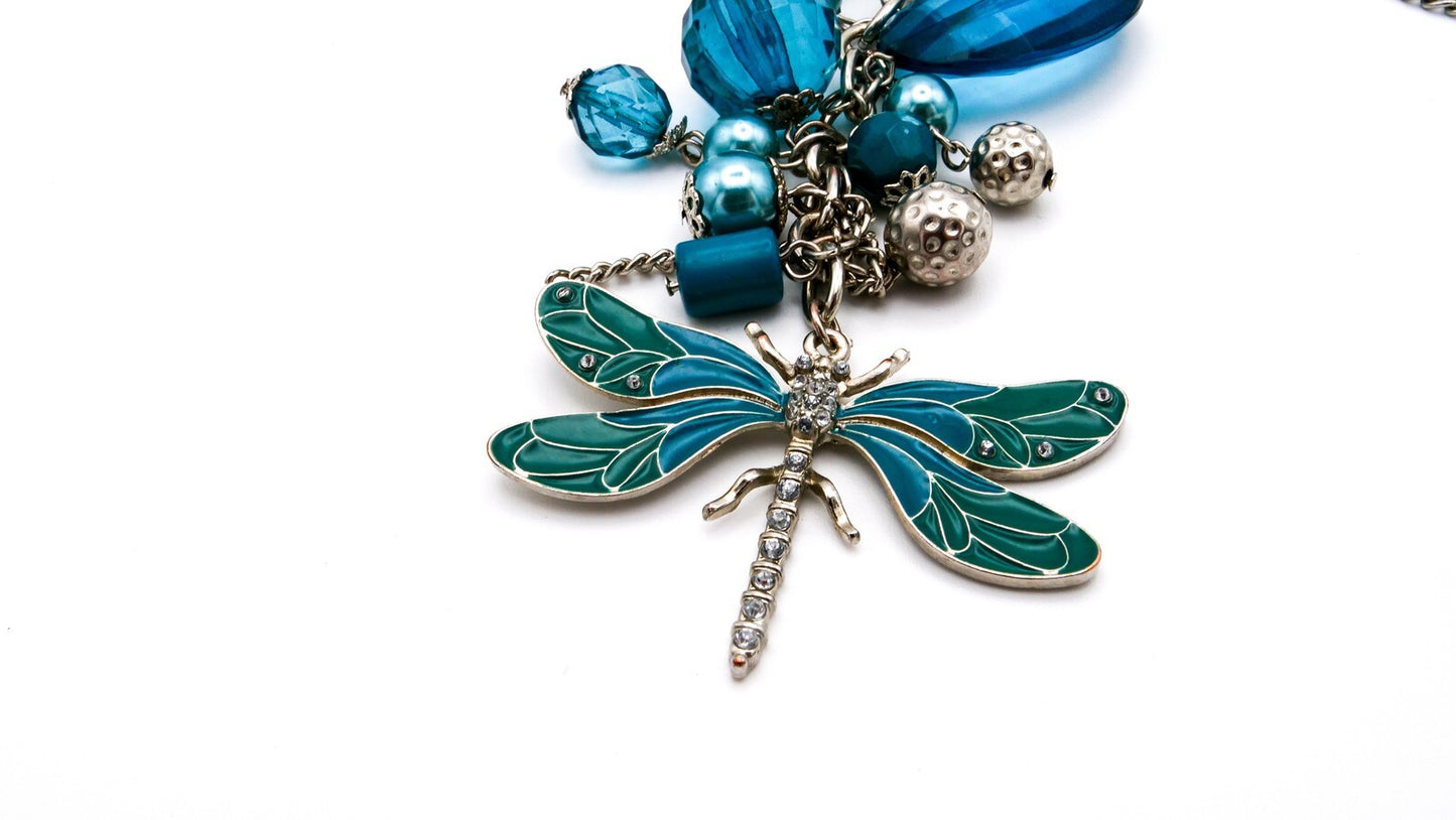 Dragonfly Drop Pendant Necklace - Blue, Turquoise, Teal, Silver-tone chain