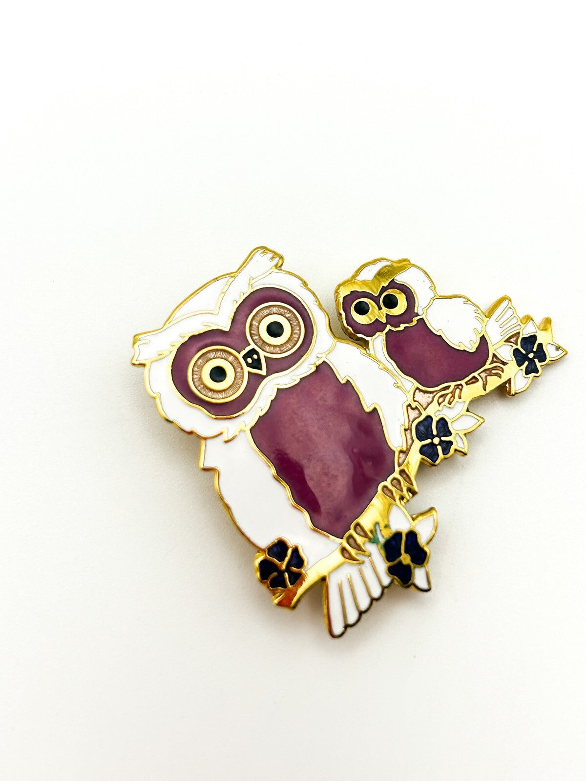Vintage Fish & Crown Cloisonné Gold tone Enamel Double Owl Brooch