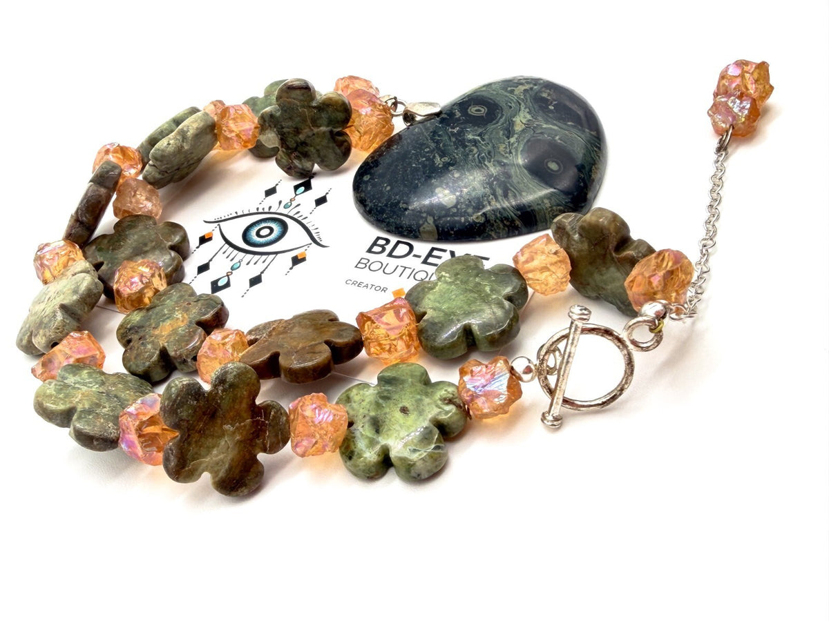 Serpentine Heart Necklace Jasper Bead Statement Chunky Green Pendant 17”