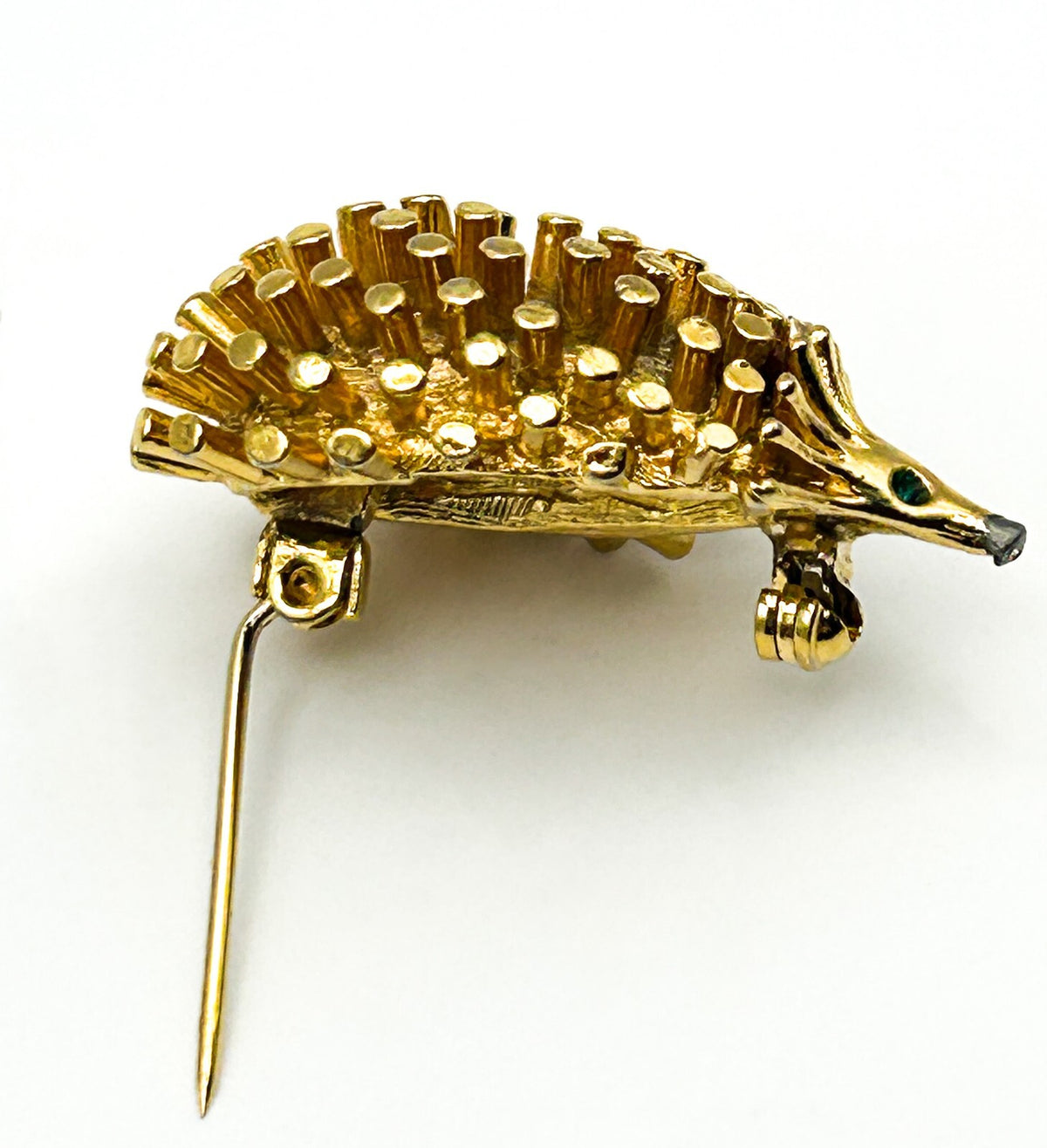 Vintage Hedgehog Brooch Gold Tone Animal Pin Green Rhinestone Eyes