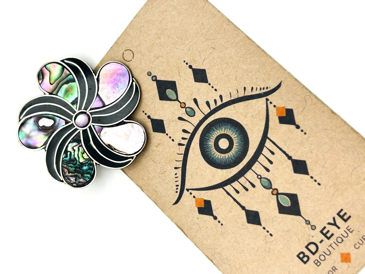 Vintage Alpaca Mexico Abalone Shell Inlay Flower Brooch Black Enamel Swirl