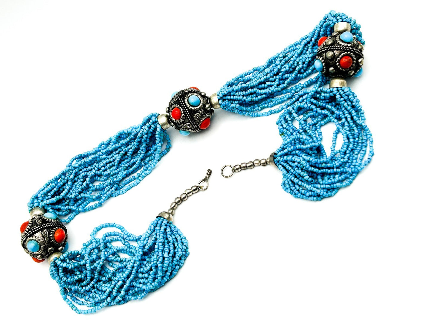 Turquoise Glass Multi Strand Beaded Necklace Statement Silver Tone Red Blue