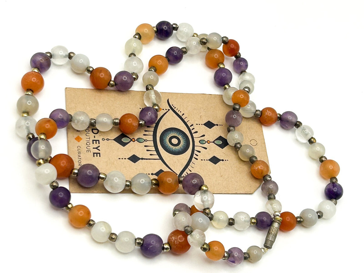 Vintage Carnelian, Amethyst & Quartz Gemstone Bead Necklace – 15” Orange Purple