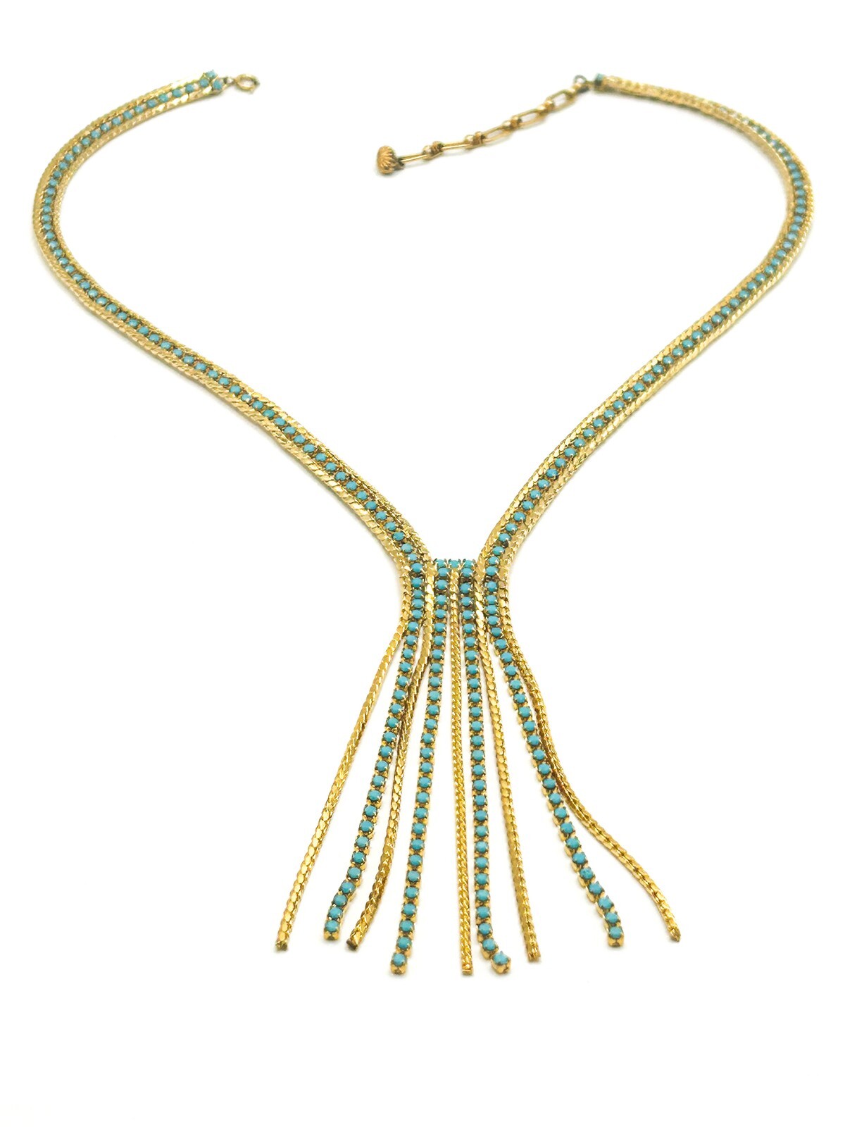Gold Tone Turquoise Glass Lariat Necklace – Vintage Mesh Tassel Design