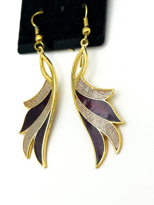 Vintage Cleopatra Cloisonné Purple Enamel Dangle Earrings Gold Tone