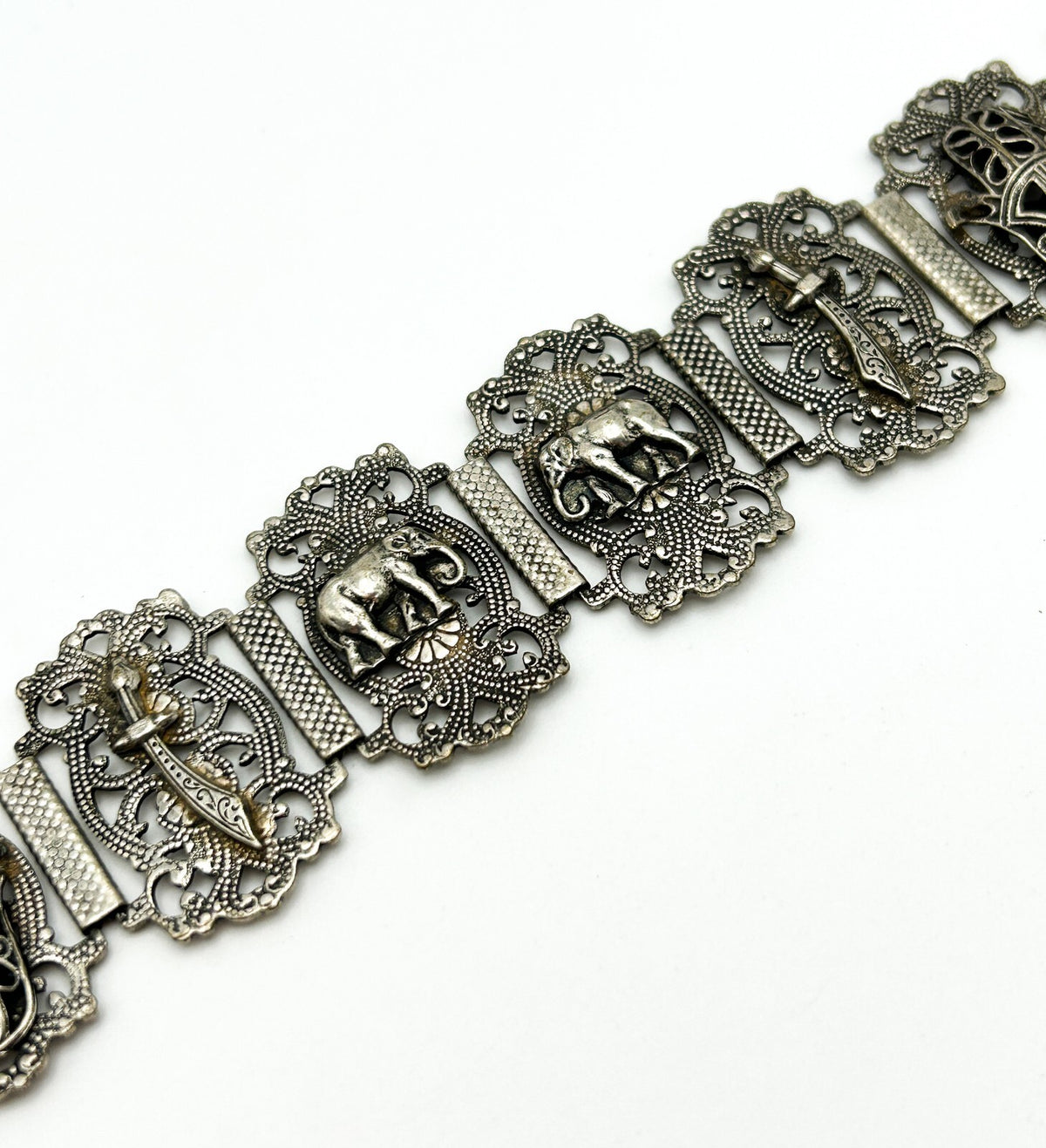 Moroccan Souvenir Silver Tone Filigree Panel Bracelet Elephant Hamsa 8.5”