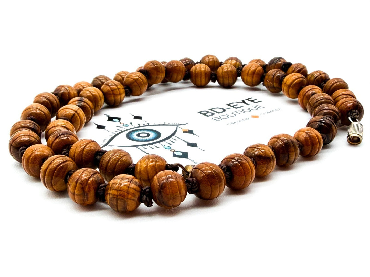 Vintage Faux Wood Acrylic Beaded Necklace Hand Knotted Boho Retro Jewellery