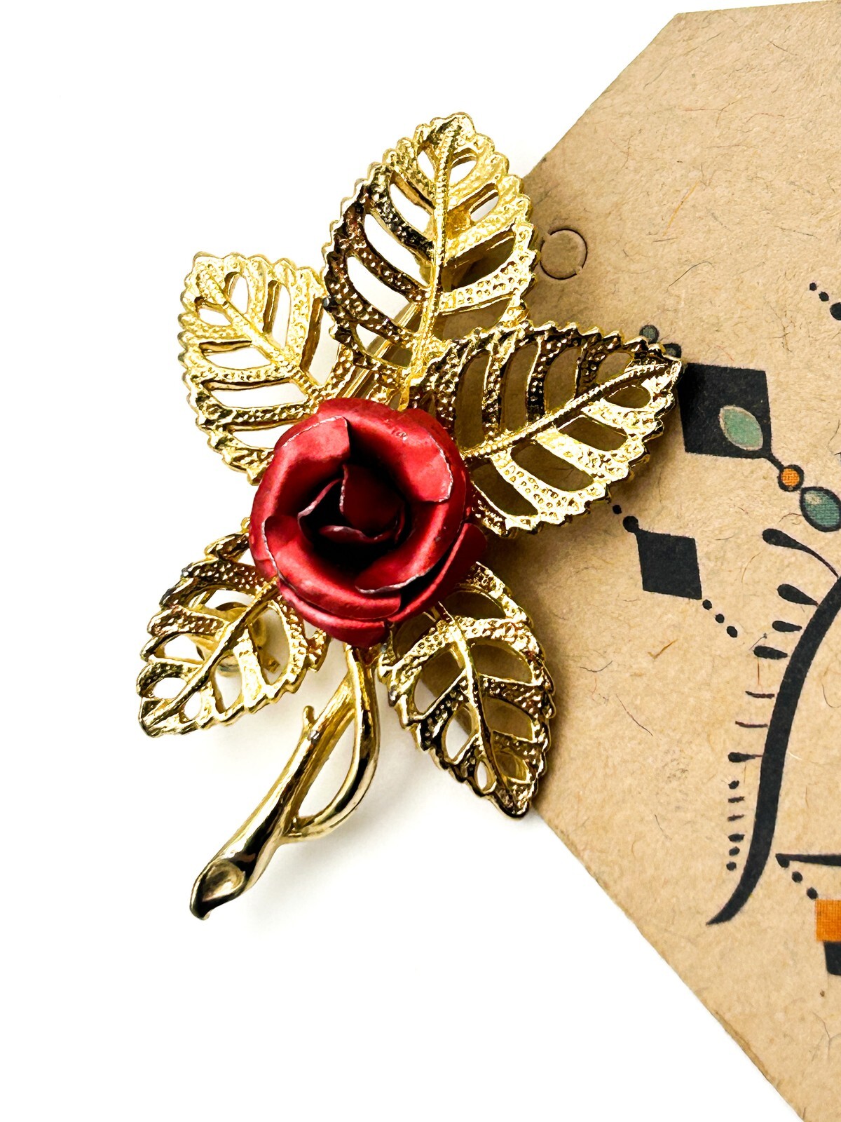 Gold Tone Red Enamel Rose Brooch with Openwork Leaf Design
