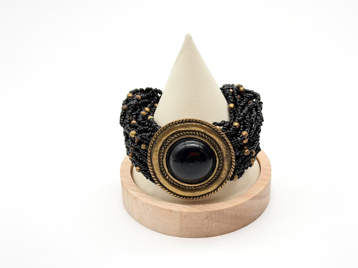Vintage Chunky Black Seed Bead Bracelet Gold Tone Cabochon Statement Wide Cuff