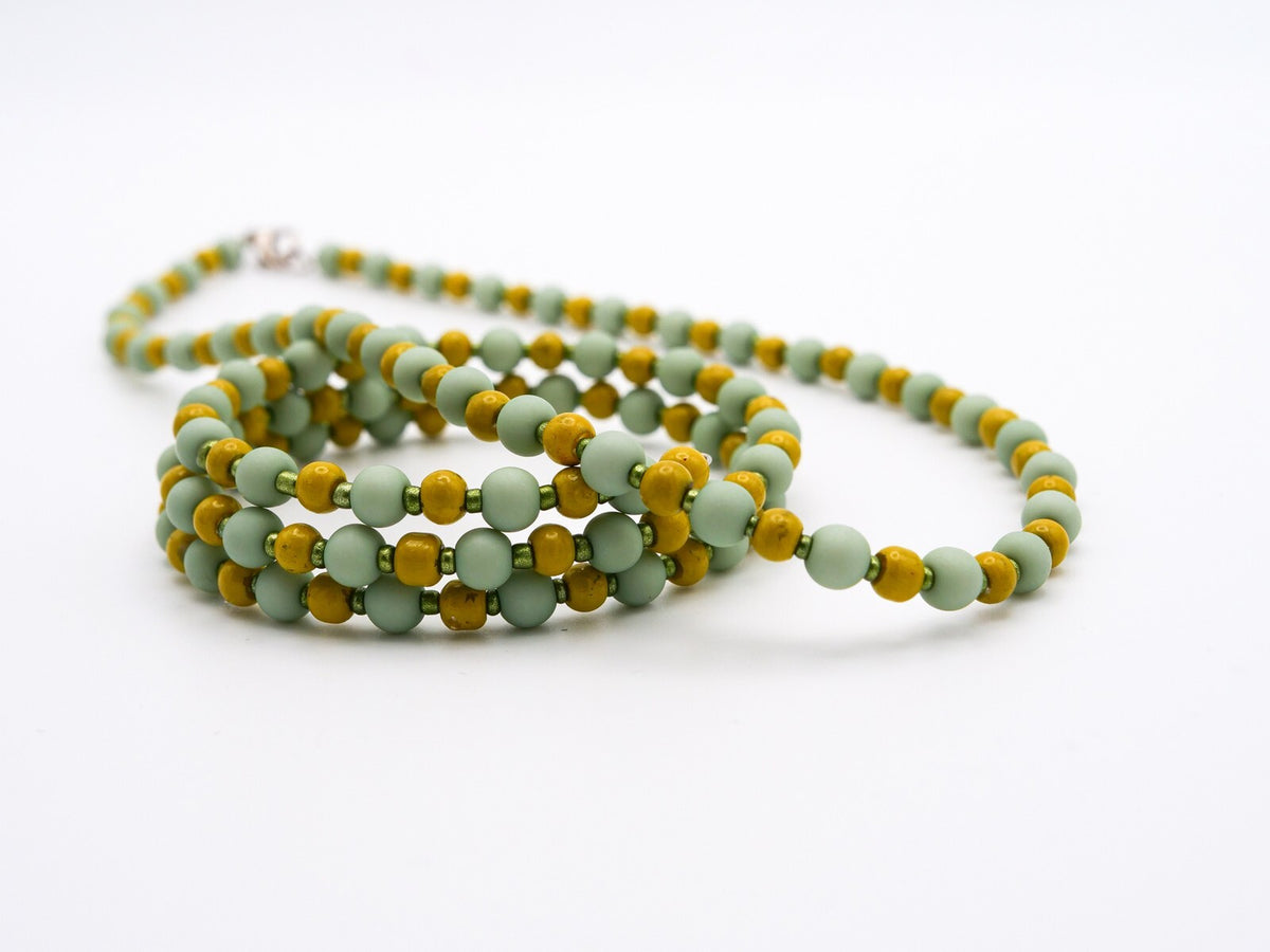 Green Yellow Beaded Handmade - Earring, Necklace & Bracelet Set