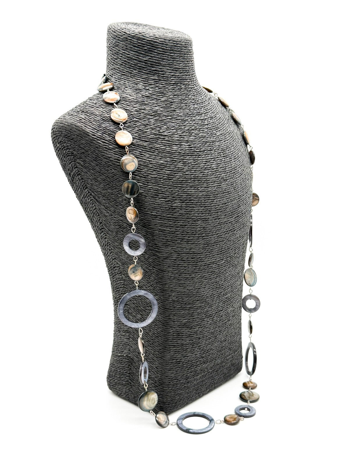 Long Shell Disc Hoop Long Necklace Grey Brown Iridescent Statement Unsigned M&S