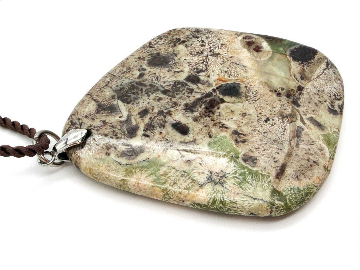 Ocean Jasper Large Pendant Necklace Brown Cord 16” Semi Precious Green