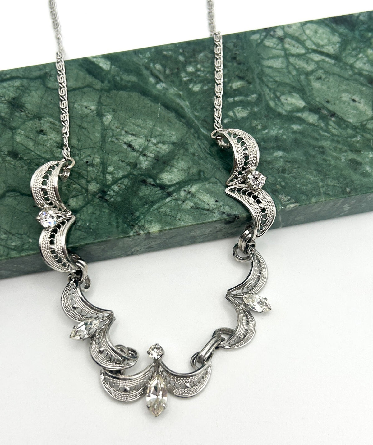Vintage Rhinestone Necklace Marquise Filigree Silver Tone Scallop Design 16”