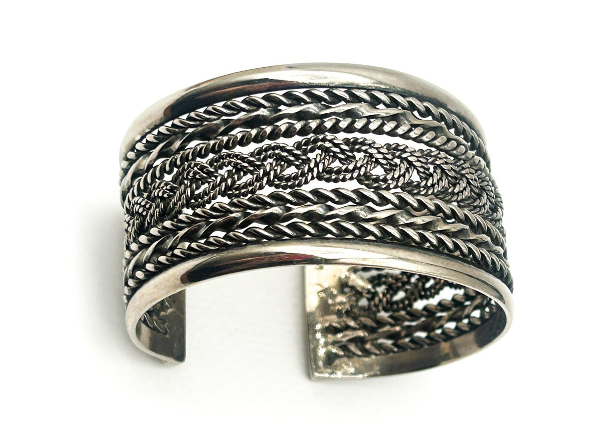 Silver Tone Woven Braid Rope Effect Cuff Bracelet Chunky Wide Adjustable Bangle