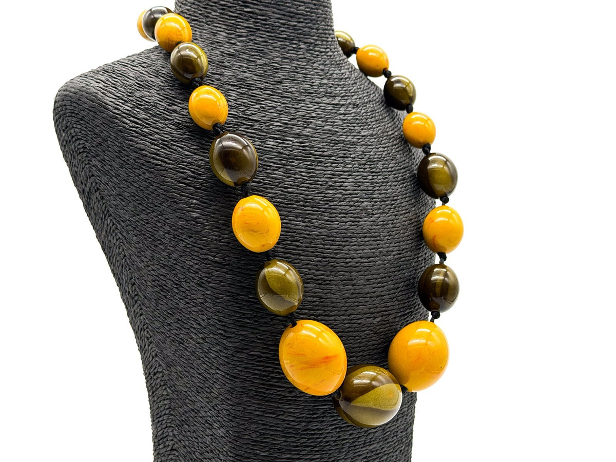 Chunky Statement Necklace Olive Green Mustard Acrylic Beads Graduated 25”