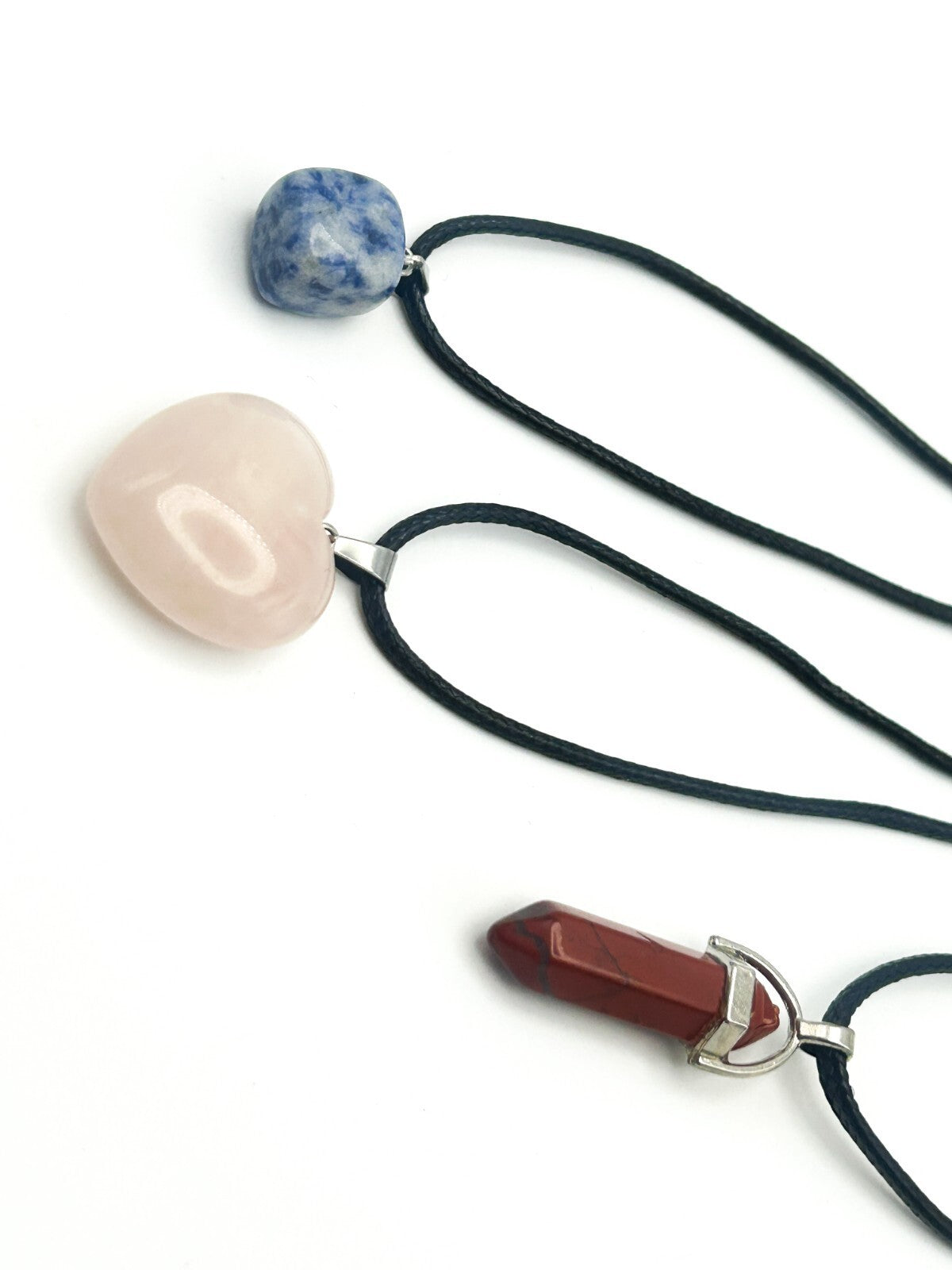 Gemstone Pendant Cord Necklace Bundle – Rose Quartz, Red Jasper Point, Sodalite