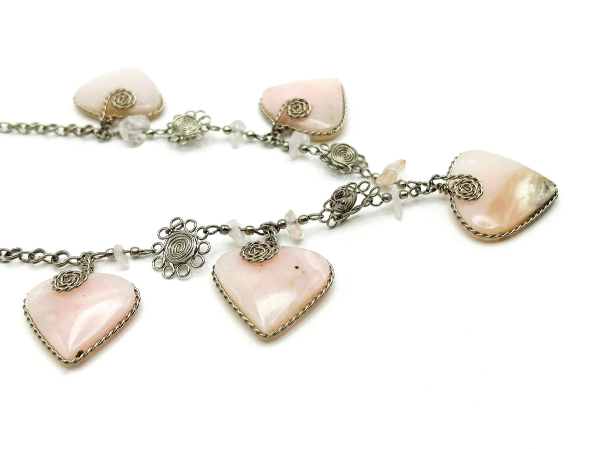 Peruvian Alpaca Silver Pink Hearts Charm Necklace Hand-crafted Gemstone