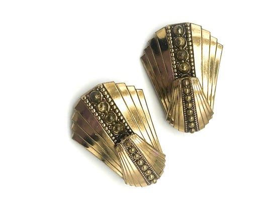 Signed ERMANI BULATTI Gold Tone Art Deco Style Fan Clip Earrings 1980s Vintage