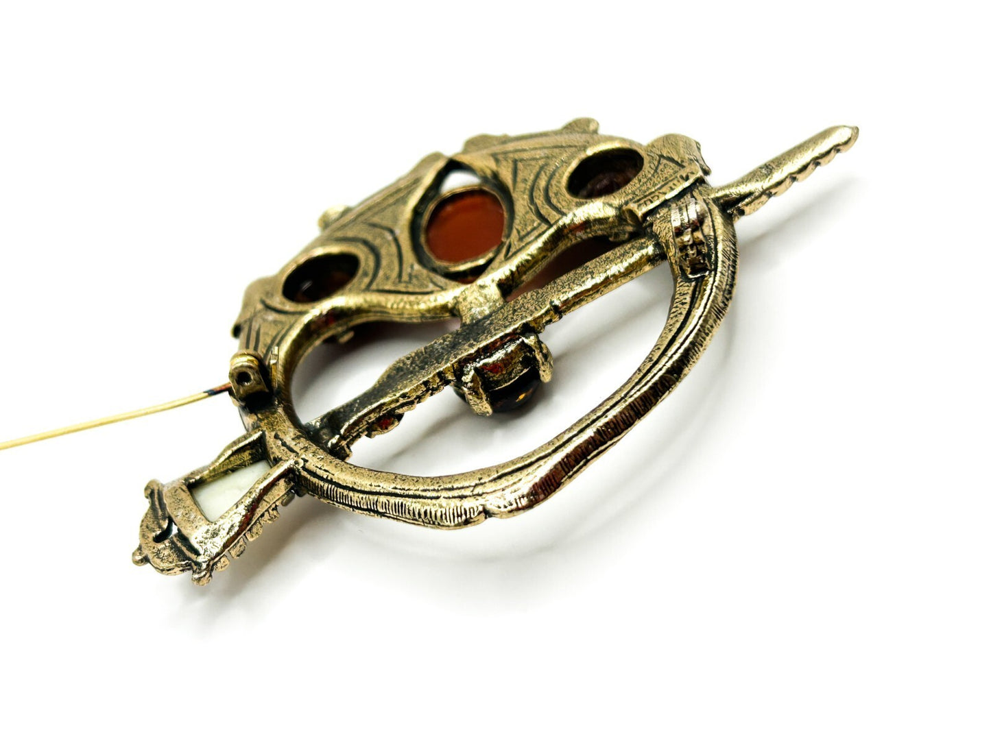 Miracle Celtic Brooch Vintage Faux Carnelian Agate Glass Penannular Cloak Pin